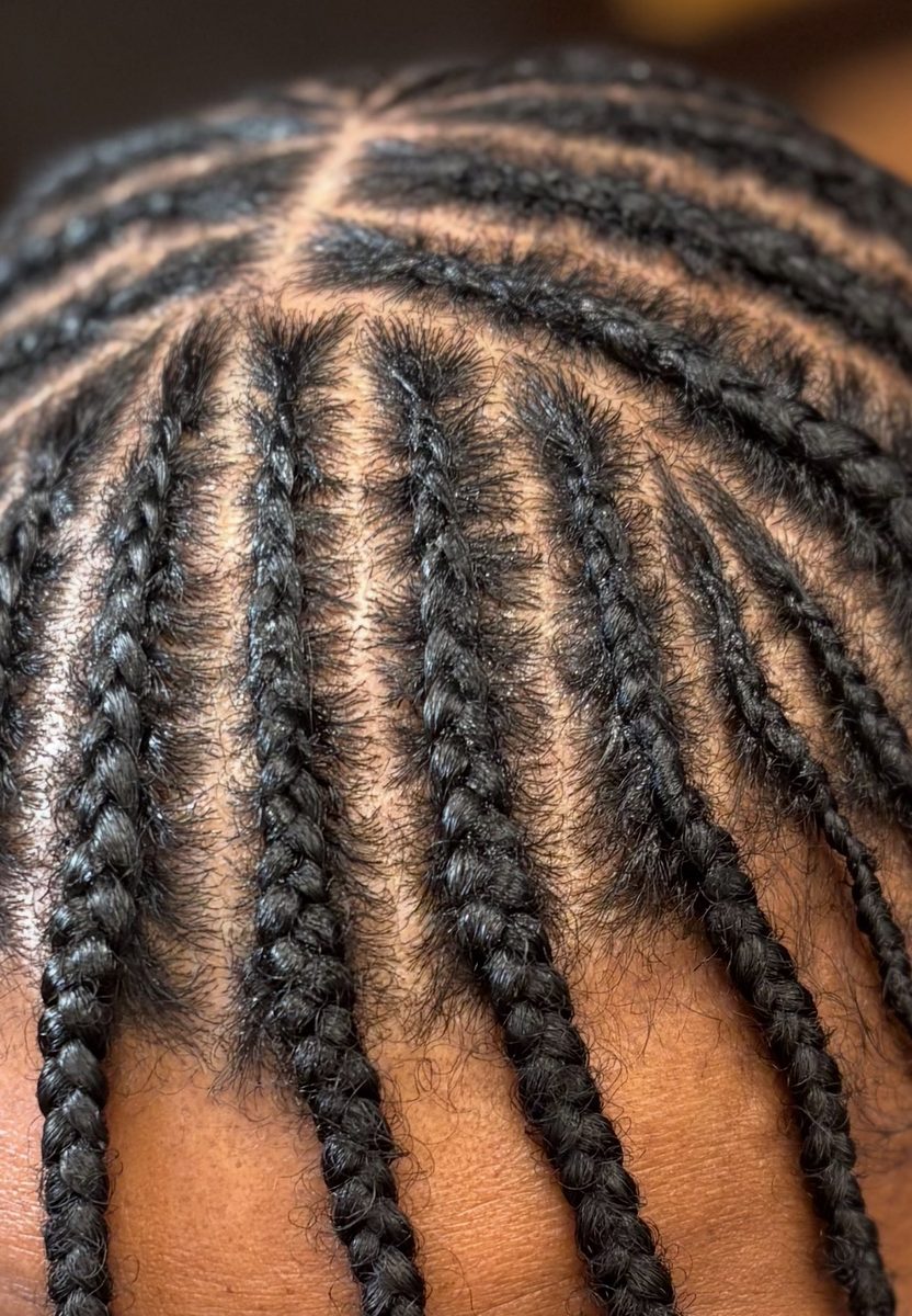 Cornrow braids close-up — precision parting and weave detail